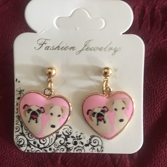 New Pink Heart Bulldog Terrier Dog Earrings - Picture 6 of 7